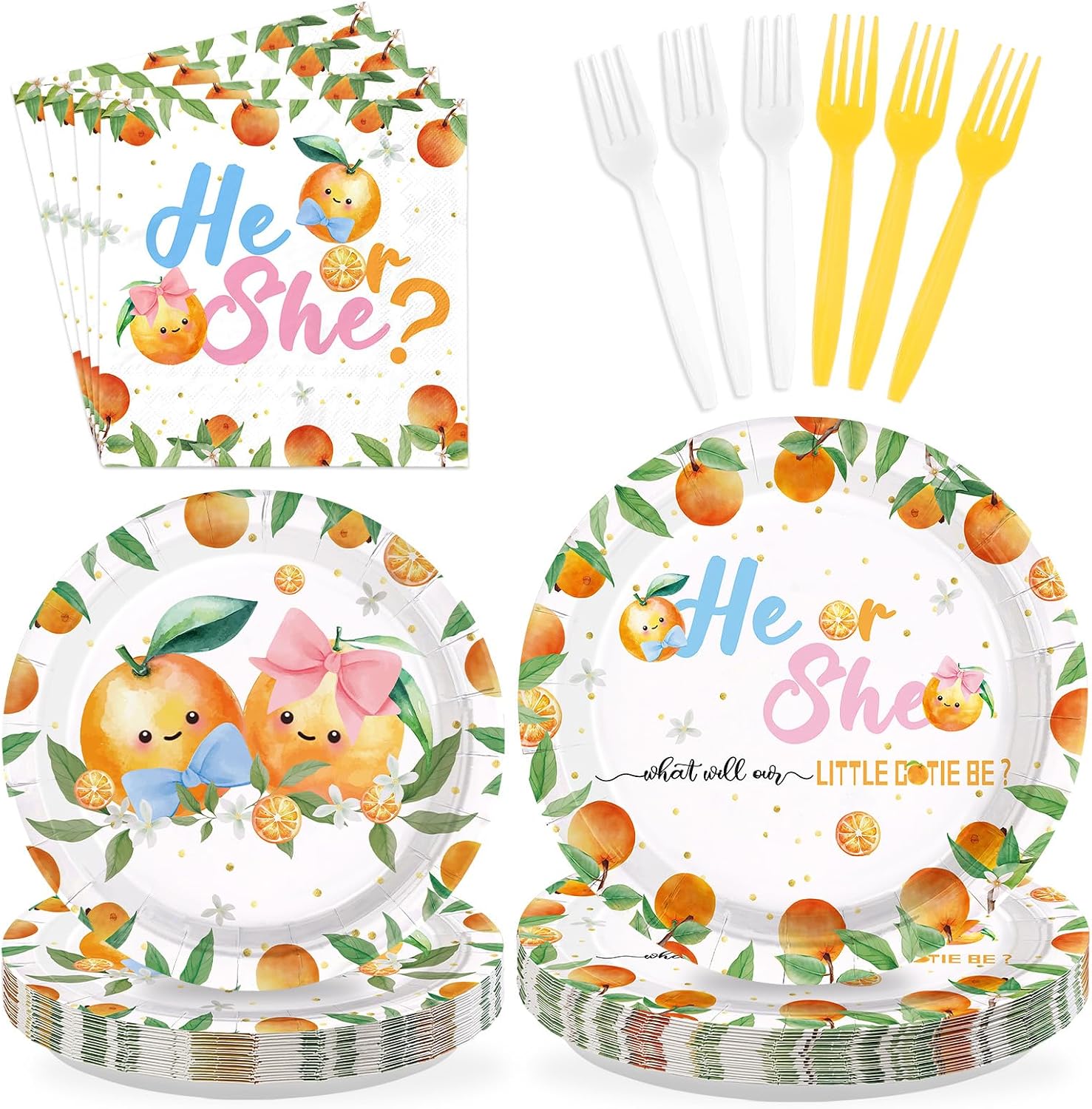 Little Cutie Gender Reveal Plates & Napkins Set - 96 Pcs image 1