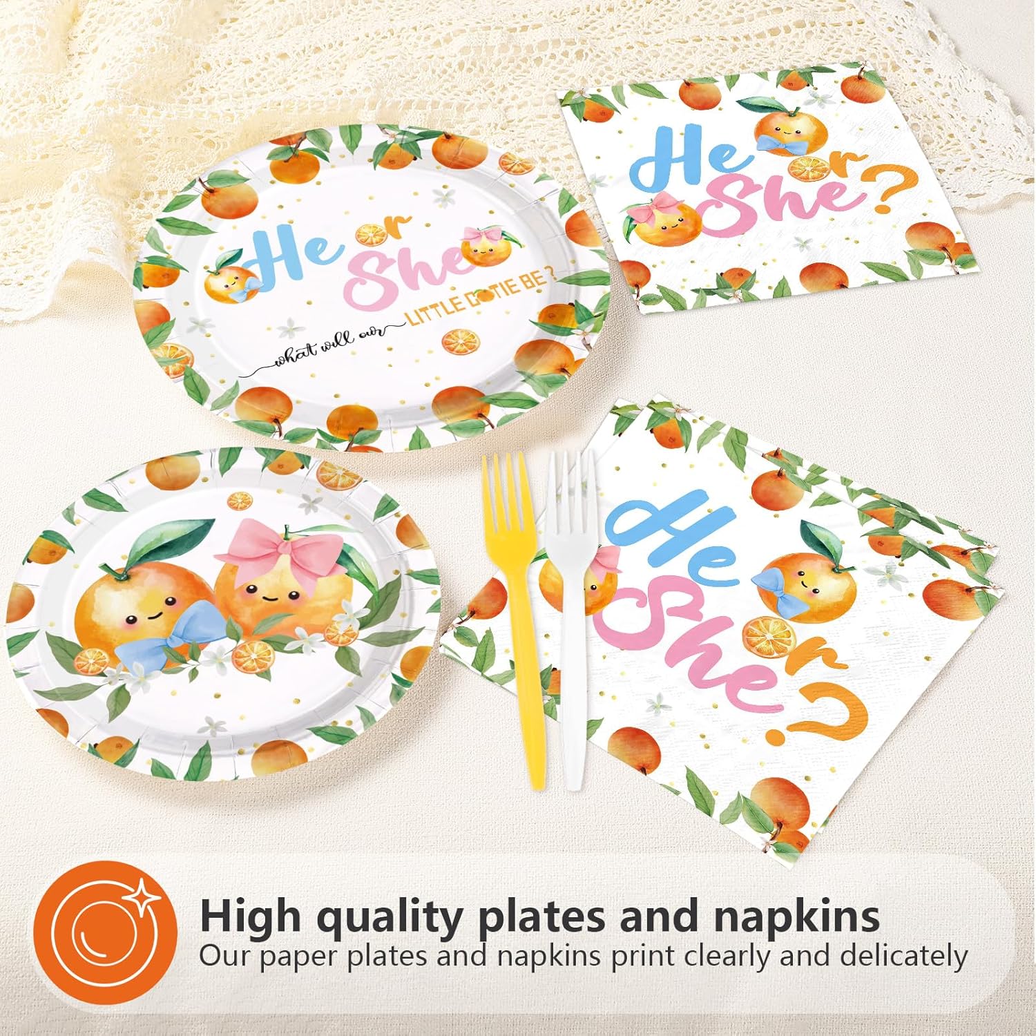 Little Cutie Gender Reveal Plates & Napkins Set - 96 Pcs image 3