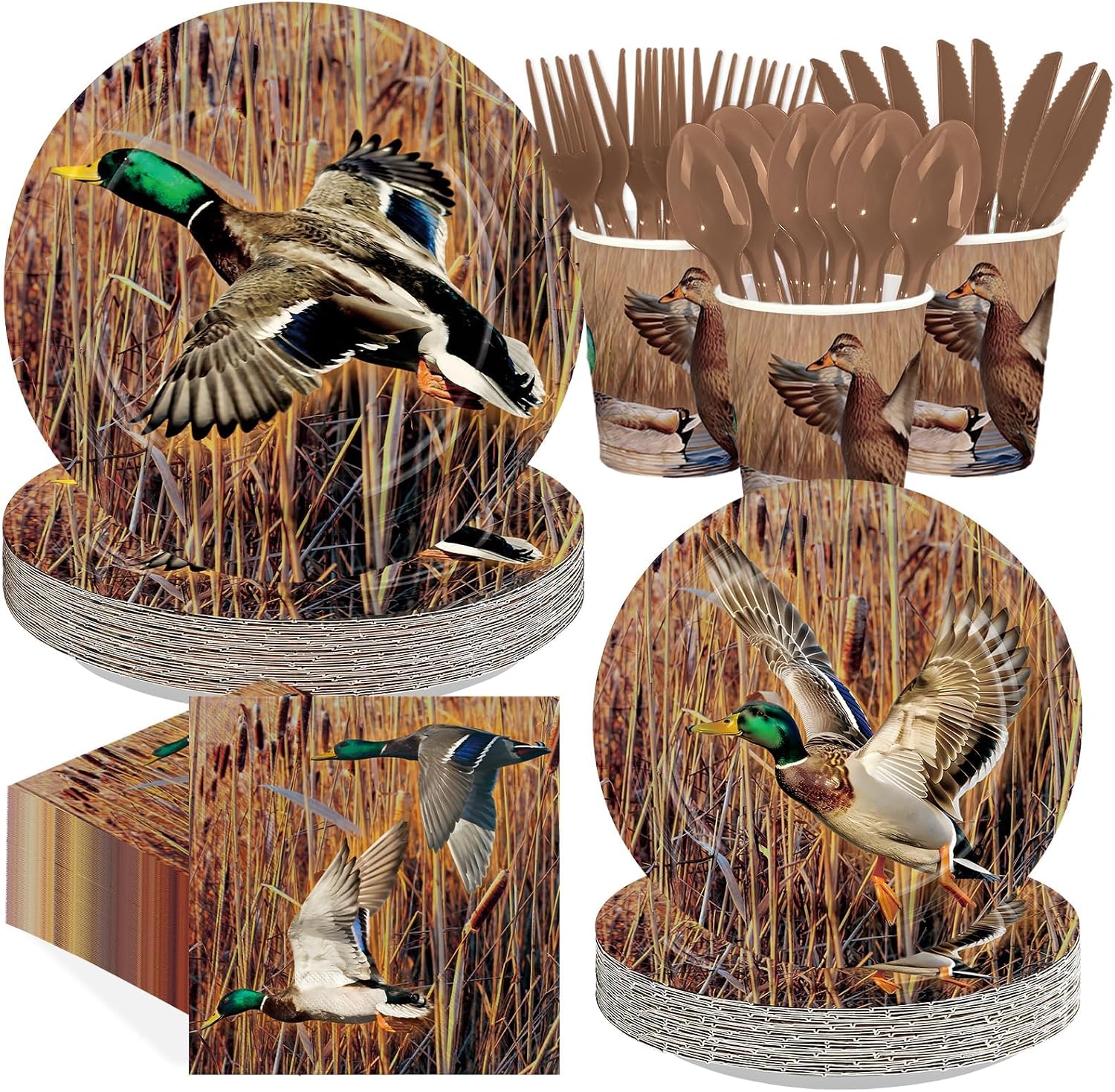 Mallard Duck Hunting Party Plates and Napkins Set - 96 Pcs Serves 24 - Grencian