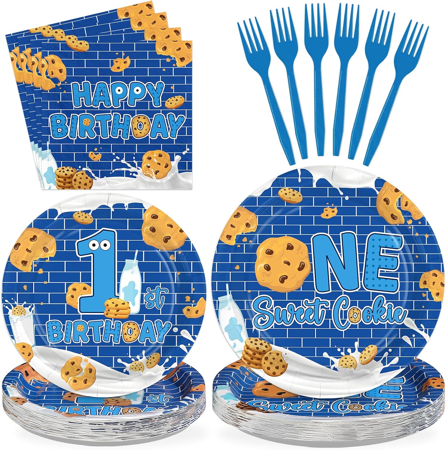 Milk and Cookies 1st Birthday Plates & Napkins Set - 96 Pcs image 1