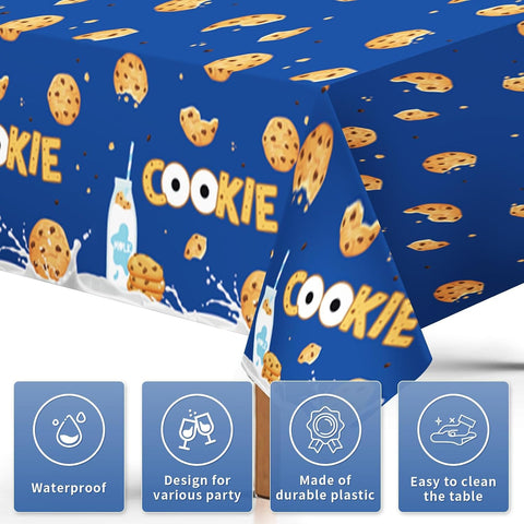 Close-up of blue milk cookies plastic tablecloth with dessert theme