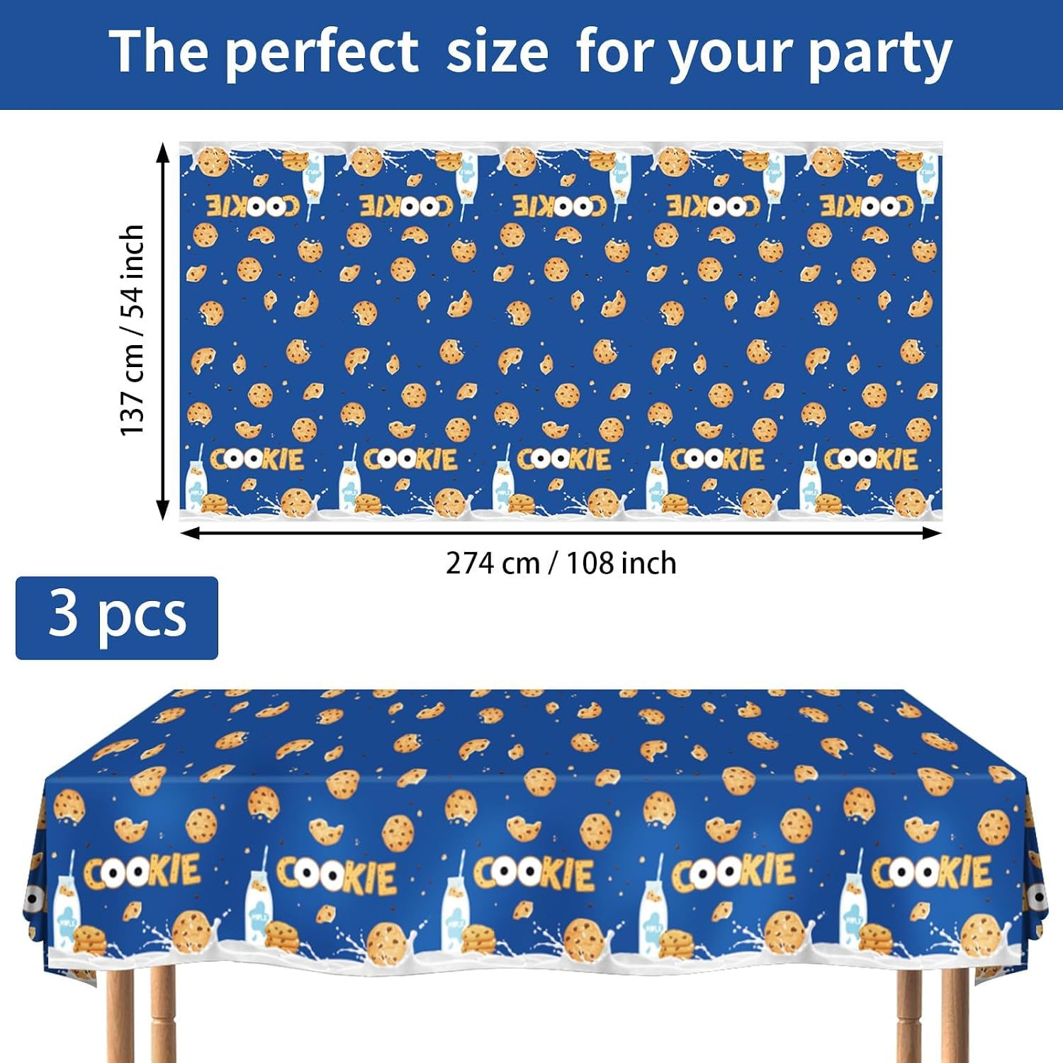 Flat lay of three milk and cookies tablecloths with cookie illustrations