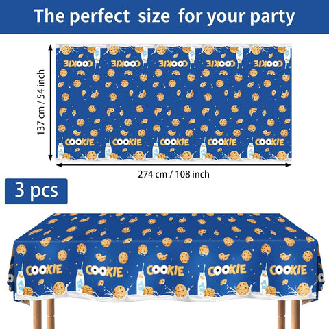 Flat lay of three milk and cookies tablecloths with cookie illustrations