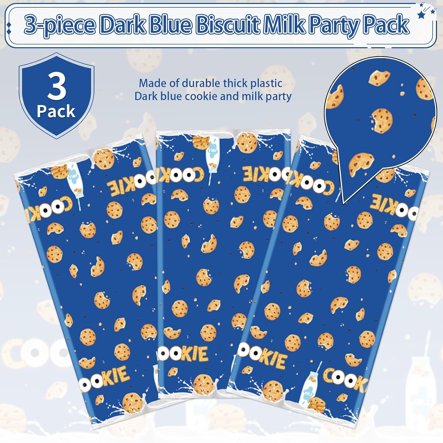 Milk and cookies tablecloth draped on party table with dessert themed decorations