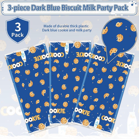 Milk and cookies tablecloth draped on party table with dessert themed decorations