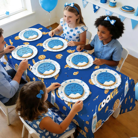 Kids boys birthday or baby shower party scene with milk cookies tablecloth