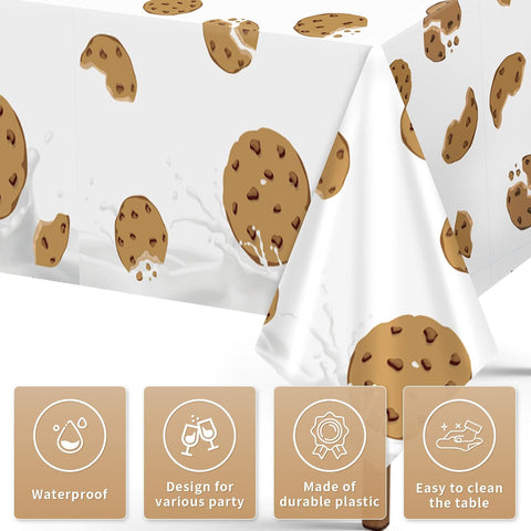 Close-up of chocolate chip cookie plastic tablecloth with brown white theme