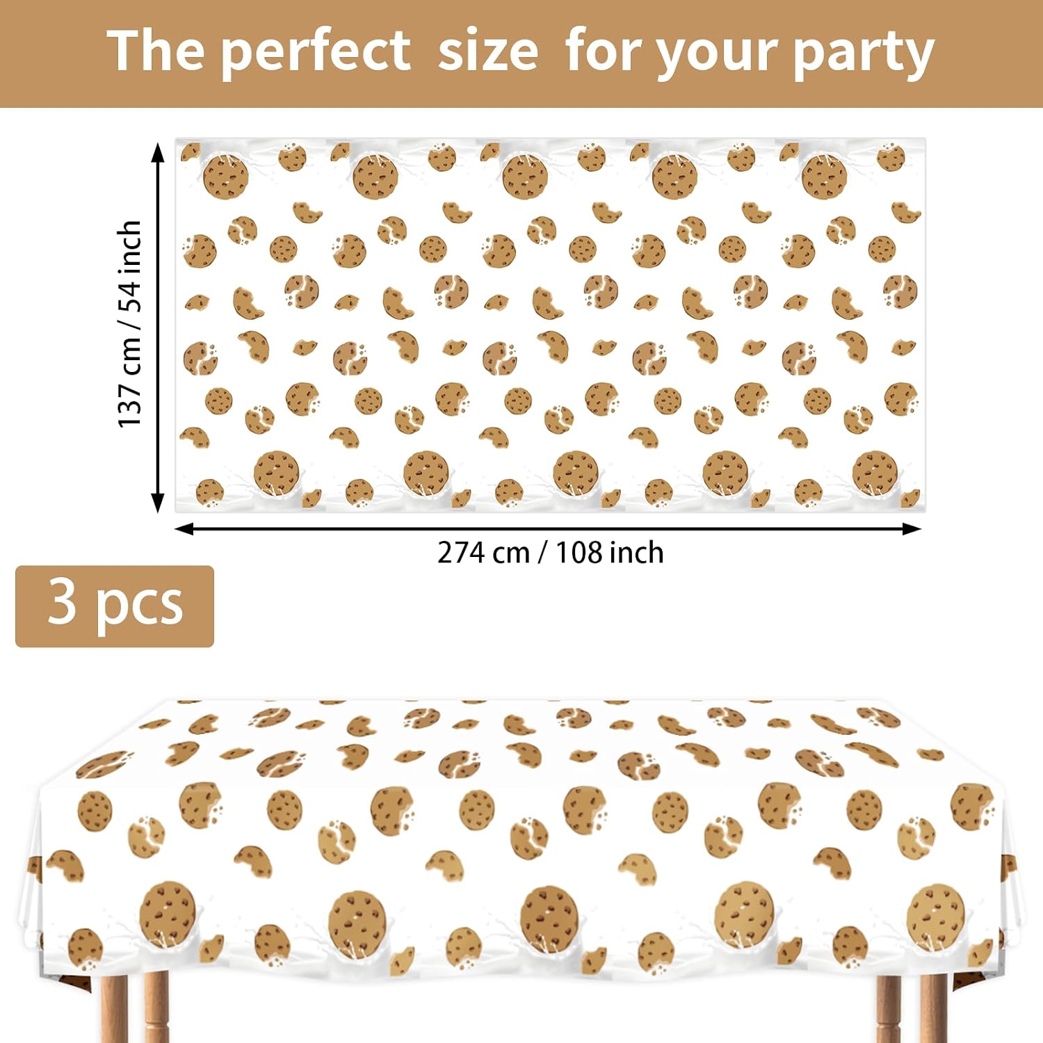 Flat lay of three chocolate chip cookies tablecloths with milk and cookies design