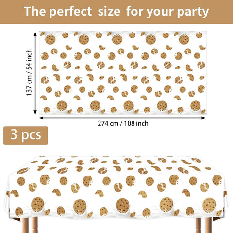 Flat lay of three chocolate chip cookies tablecloths with milk and cookies design