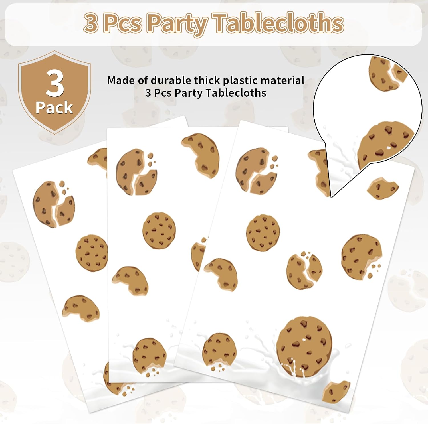 Milk and cookies tablecloth draped on party table with dessert themed decorations