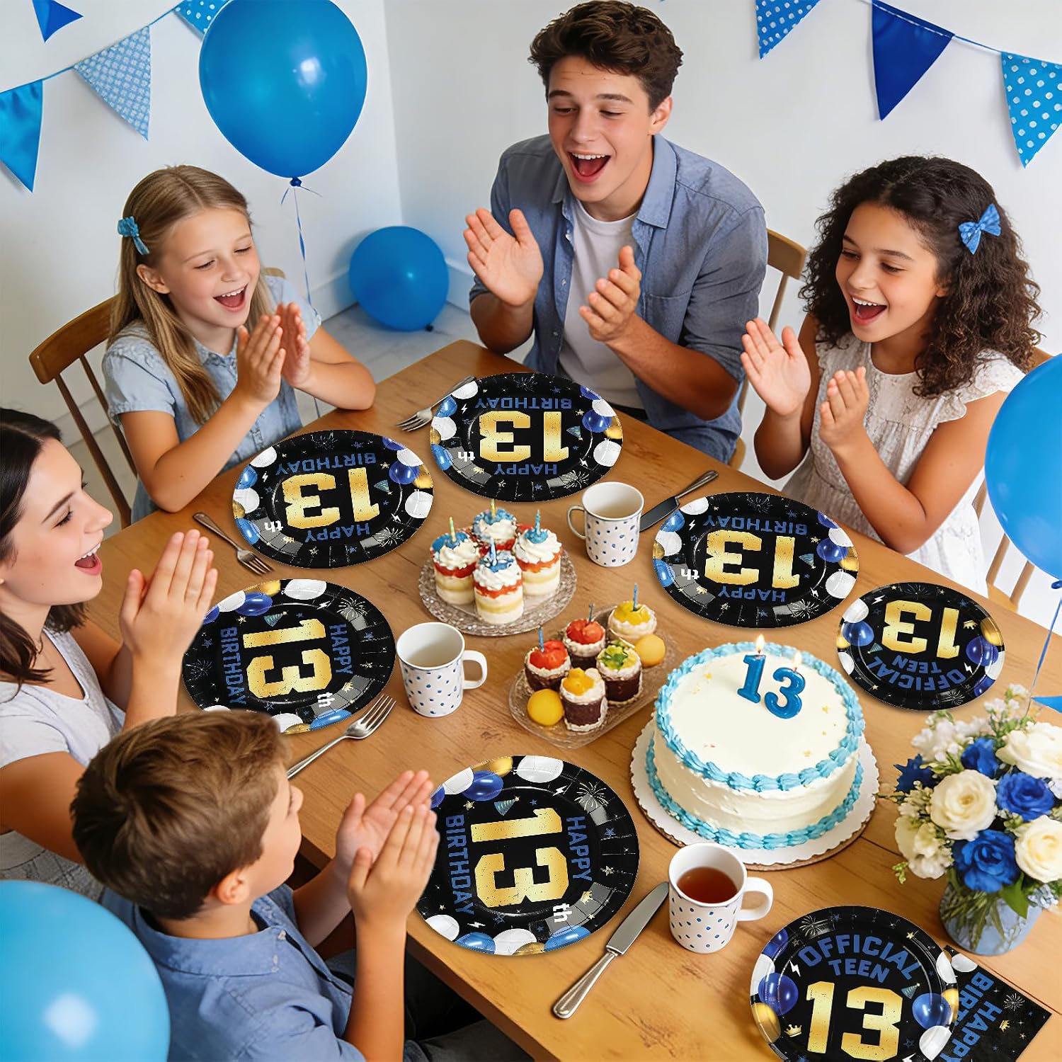 Navy Blue and Gold 13th Birthday Complete Tableware Collection Flat Lay