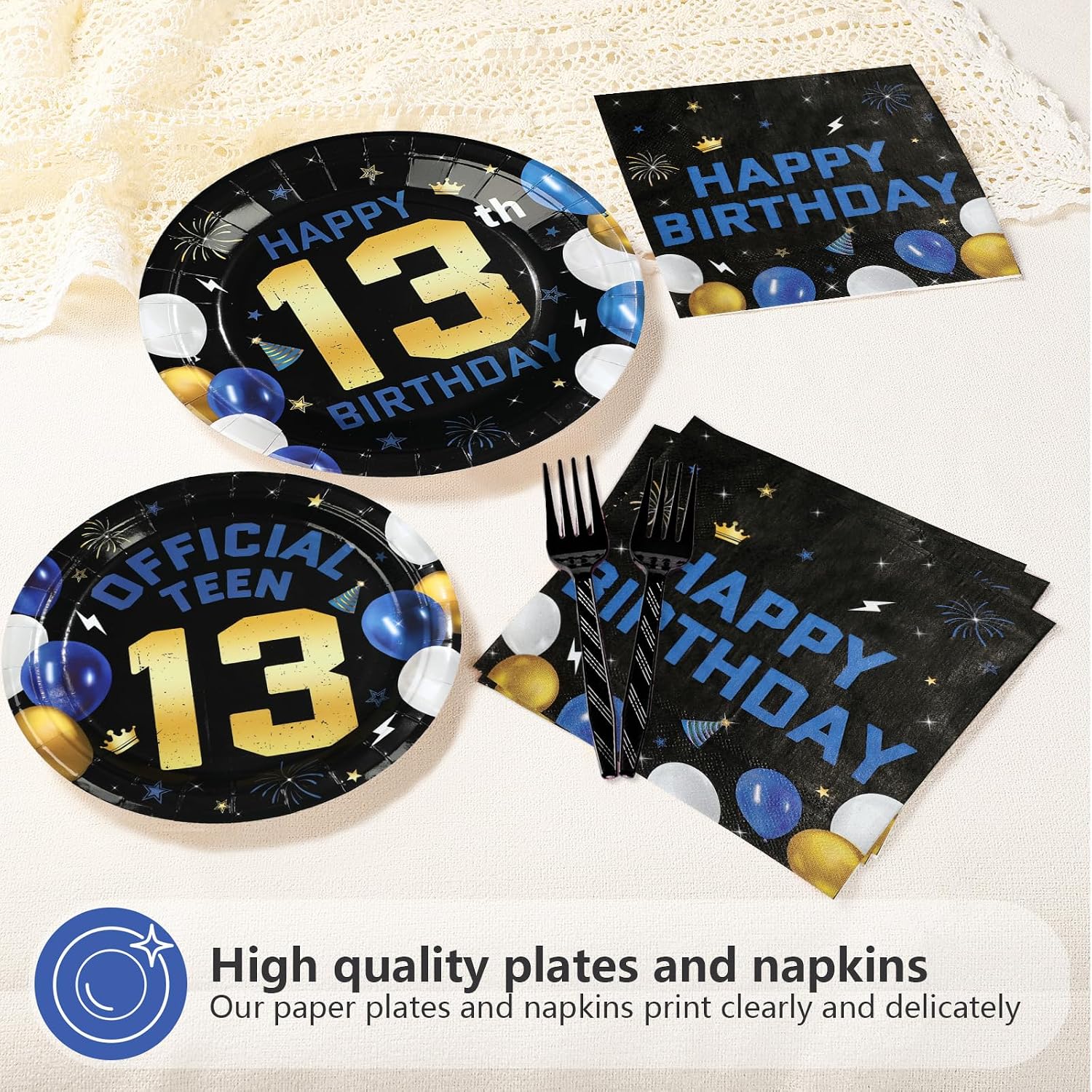 Navy Blue and Gold Official Teen 13 Dessert Plates Detail Display