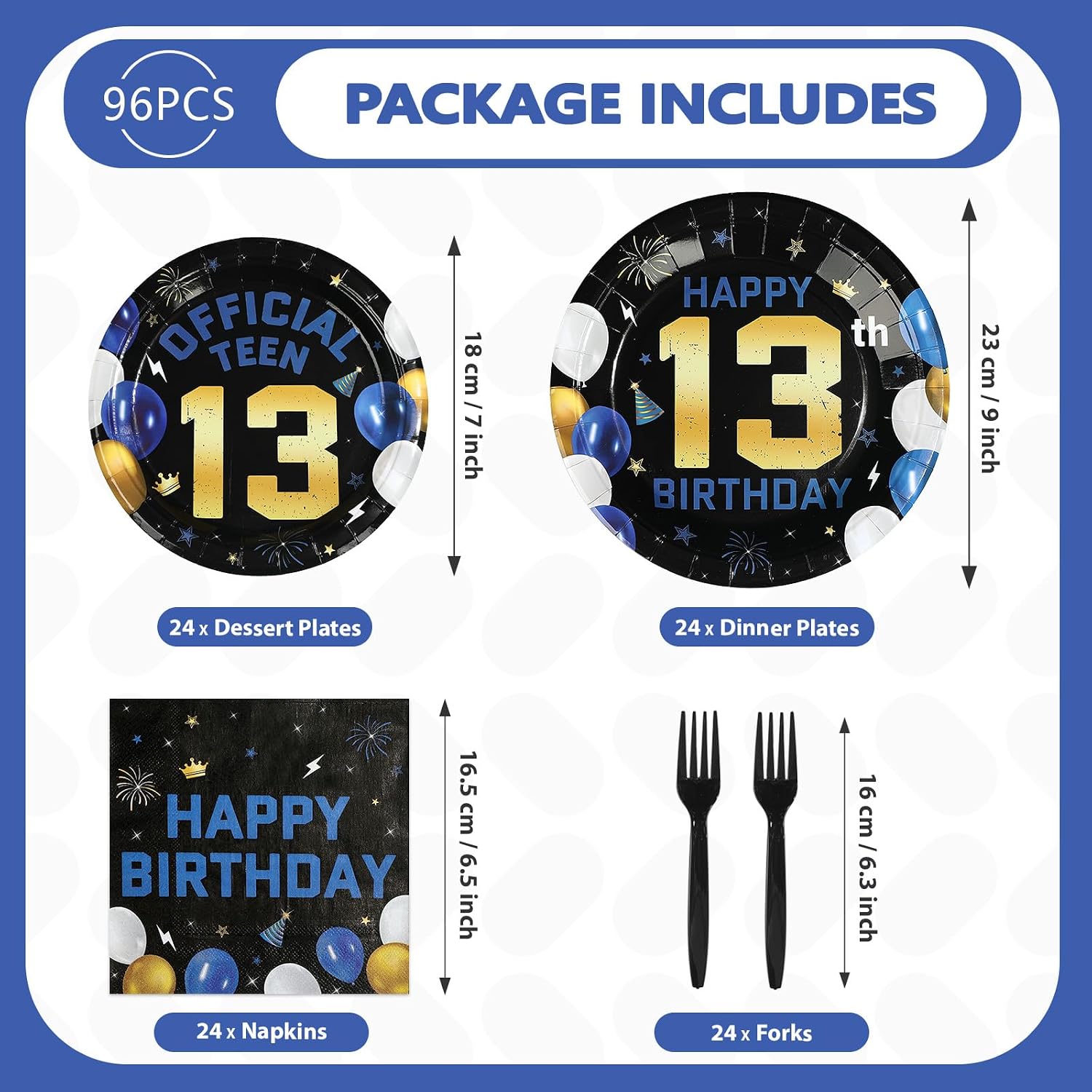 Navy Blue Gold TEEN 13 9-inch Dinner Plates with Balloons and Stars Design