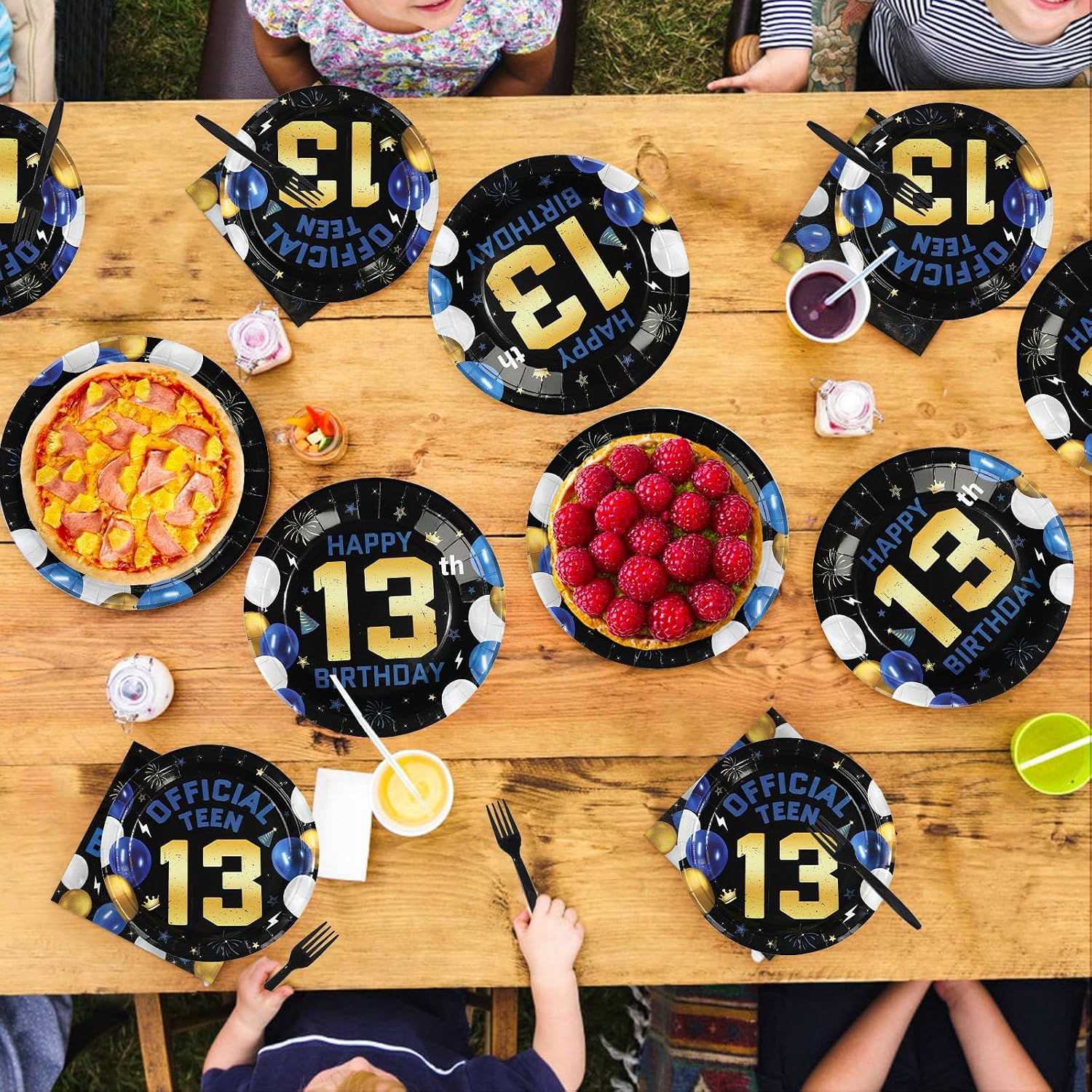 Navy Blue Gold 13th Birthday Party Food Served on Decorated Table Setting