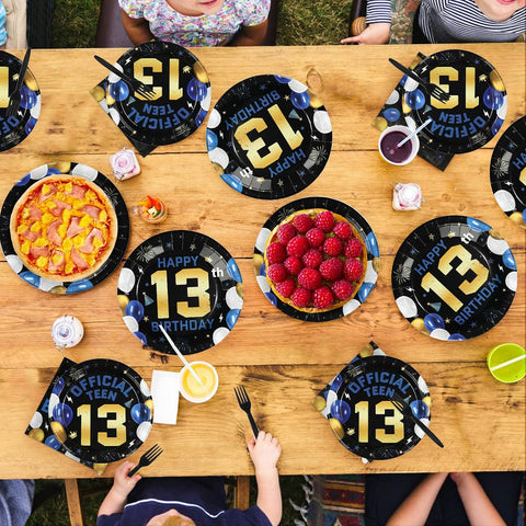 Navy Blue Gold 13th Birthday Party Food Served on Decorated Table Setting