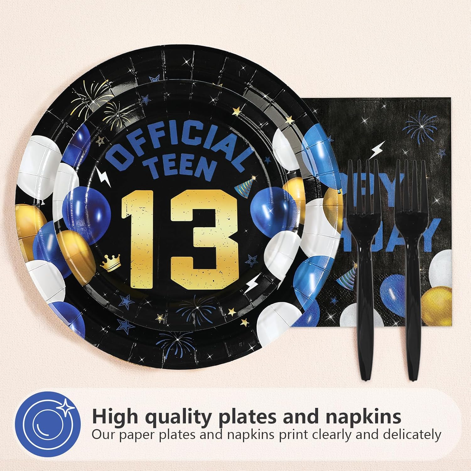 Navy Blue and Gold 13th Birthday Complete Party Table Layout with Tableware