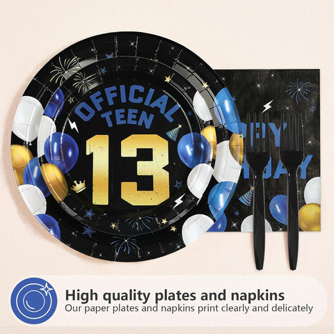 Navy Blue and Gold 13th Birthday Complete Party Table Layout with Tableware