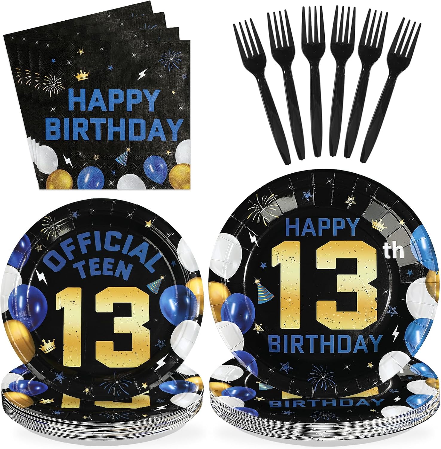 Navy Blue and Gold 13th Birthday Plates and Napkins Set for Boys - 96 Pieces
