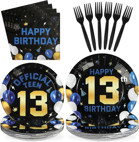 Navy Blue and Gold 13th Birthday Plates and Napkins Set for Boys - 96 Pieces