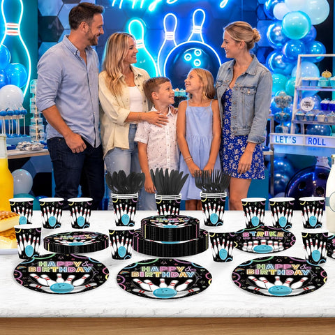 Neon Bowling Birthday Party Plates and Napkins Set - 168 Pcs Serves 24 - Grencian