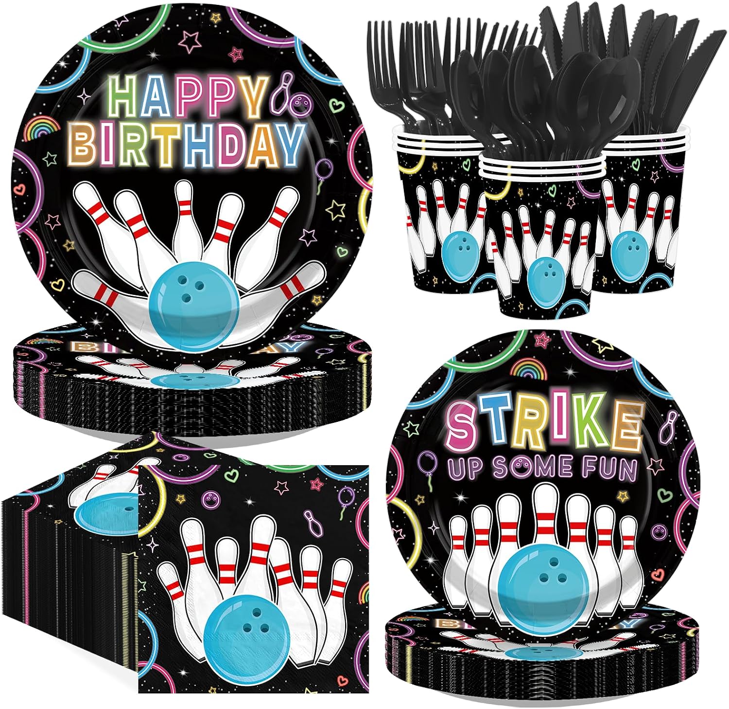 Neon Bowling Birthday Party Plates and Napkins Set - 168 Pcs Serves 24 - Grencian