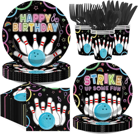 Neon Bowling Birthday Party Plates and Napkins Set - 168 Pcs Serves 24 - Grencian