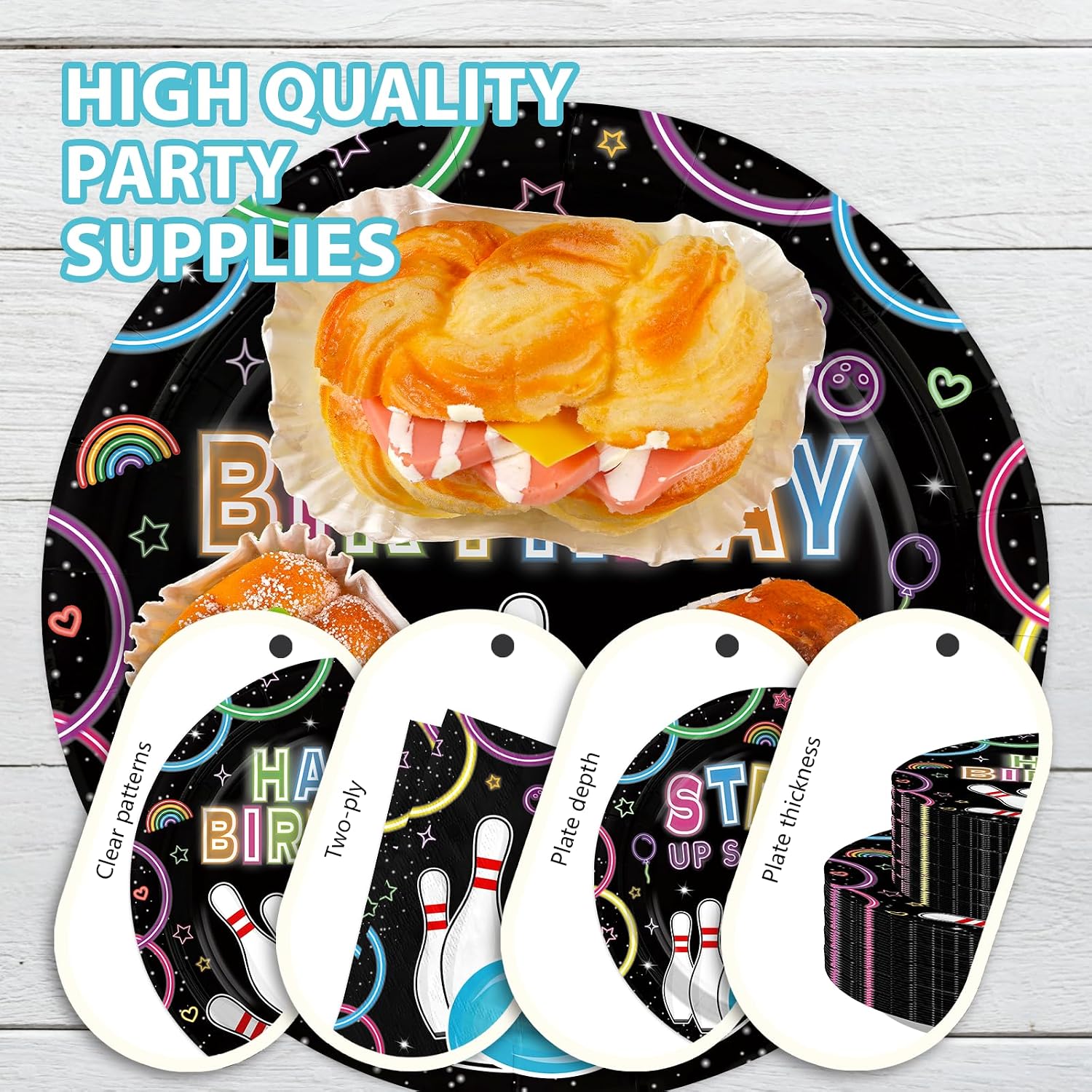 Neon Bowling Birthday Party Plates and Napkins Set - 168 Pcs Serves 24 - Grencian