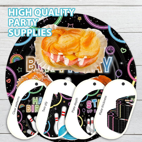 Neon Bowling Birthday Party Plates and Napkins Set - 168 Pcs Serves 24 - Grencian