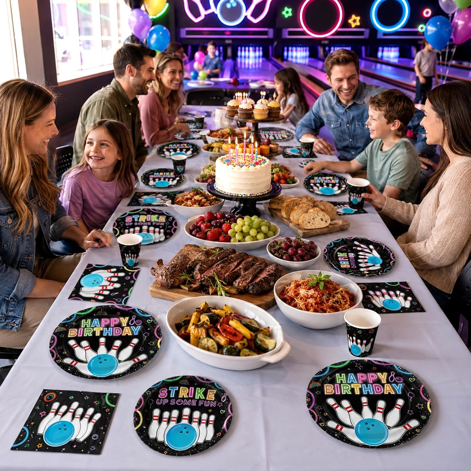 Neon Bowling Birthday Party Plates and Napkins Set - 168 Pcs Serves 24 - Grencian