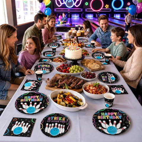 Neon Bowling Birthday Party Plates and Napkins Set - 168 Pcs Serves 24 - Grencian