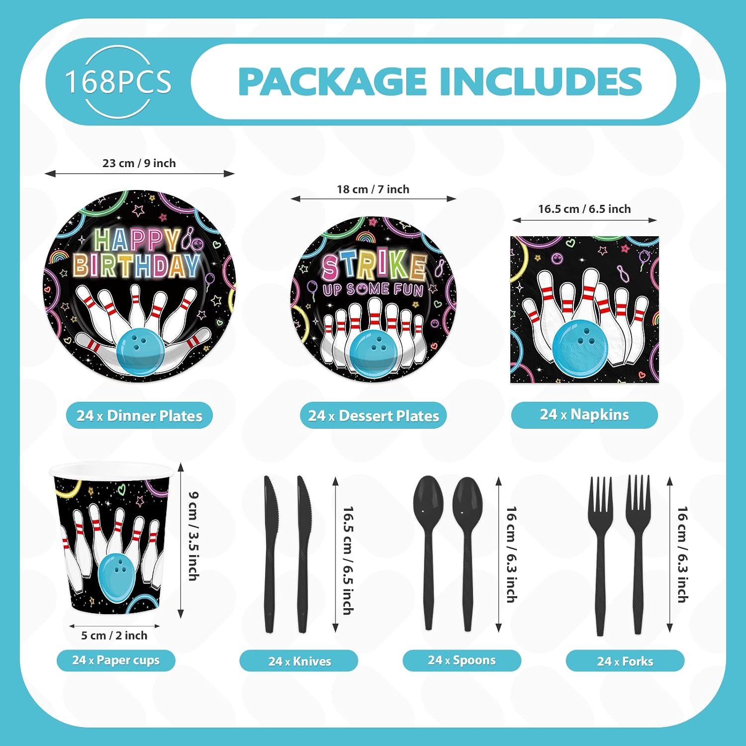 Neon Bowling Birthday Party Plates and Napkins Set - 168 Pcs Serves 24 - Grencian