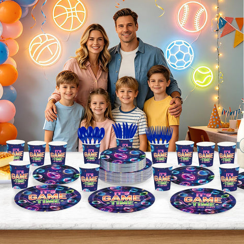 Neon Sports Gaming Party Plates and Napkins Set - 168 Pcs Serves 24 - Grencian