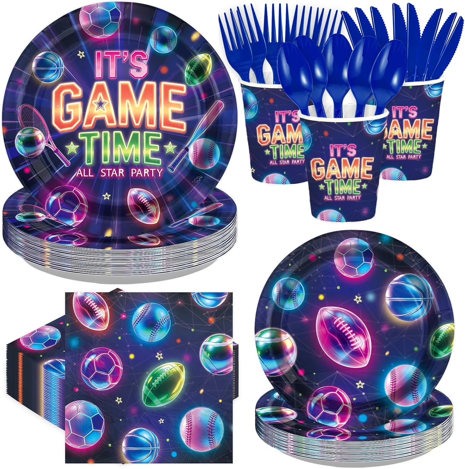 Neon Sports Gaming Party Plates & Napkins Set - 168 Pcs, Serves 24 - Grencian