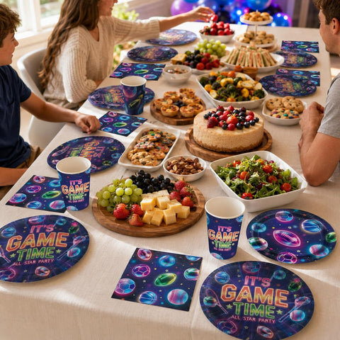 Neon Sports Gaming Party Plates and Napkins Set - 168 Pcs Serves 24 - Grencian