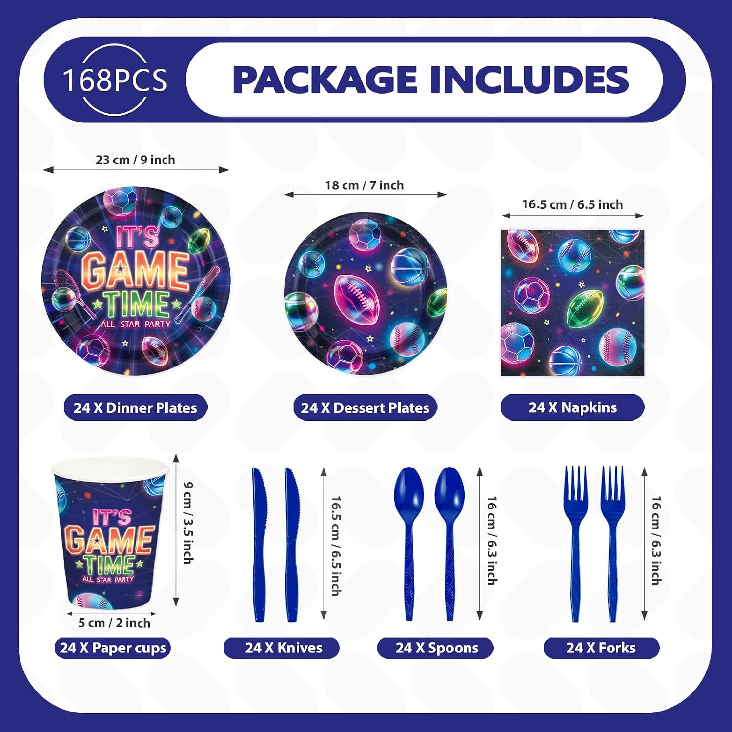 Neon Sports Gaming Party Plates and Napkins Set - 168 Pcs Serves 24 - Grencian
