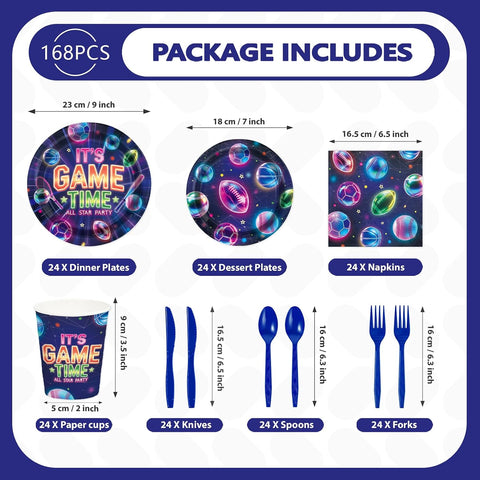 Neon Sports Gaming Party Plates and Napkins Set - 168 Pcs Serves 24 - Grencian