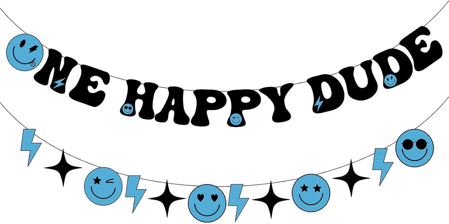 One Happy Dude Birthday Banner - Blue Smile Face 1st Birthday Party Decor - Grencian