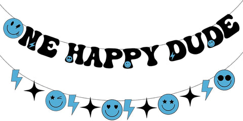 One Happy Dude Birthday Banner - Blue Smile Face 1st Birthday Party Decor - Grencian
