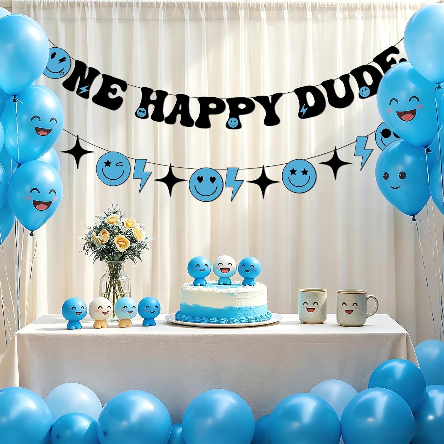 One Happy Dude Birthday Banner - Blue Smile Face 1st Birthday Party Decor - Grencian