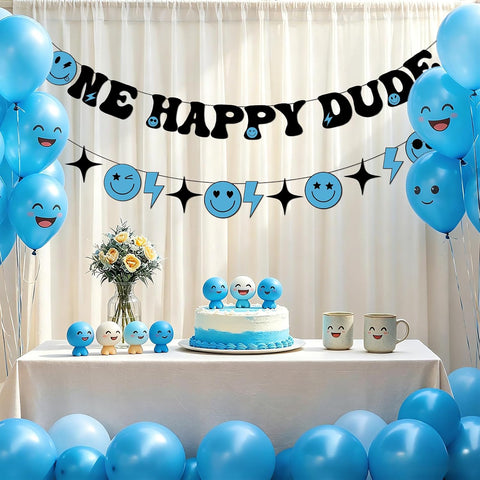 One Happy Dude Birthday Banner - Blue Smile Face 1st Birthday Party Decor - Grencian