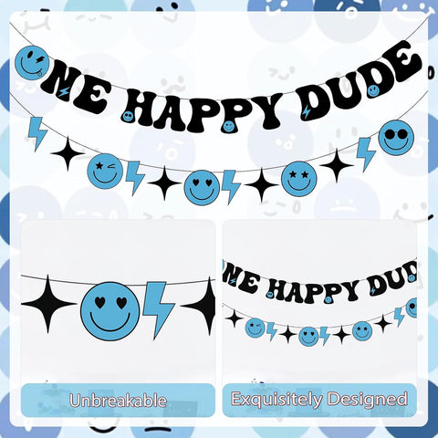 One Happy Dude Birthday Banner - Blue Smile Face 1st Birthday Party Decor - Grencian