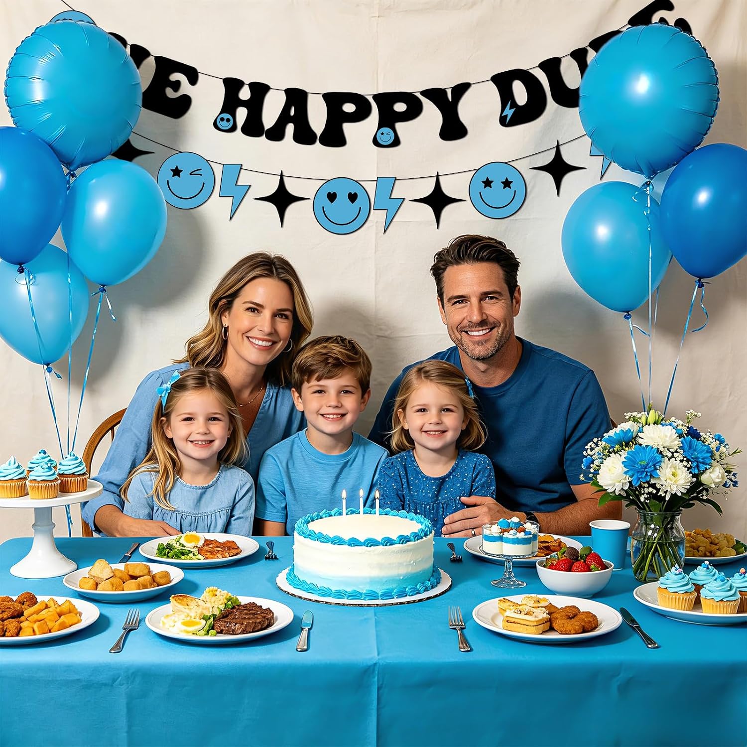 One Happy Dude Birthday Banner - Blue Smile Face 1st Birthday Party Decor - Grencian