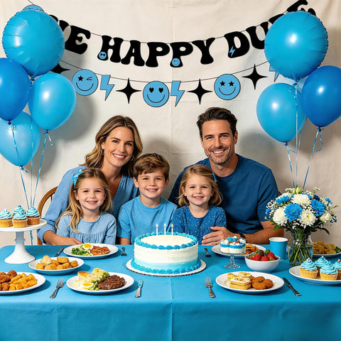 One Happy Dude Birthday Banner - Blue Smile Face 1st Birthday Party Decor - Grencian