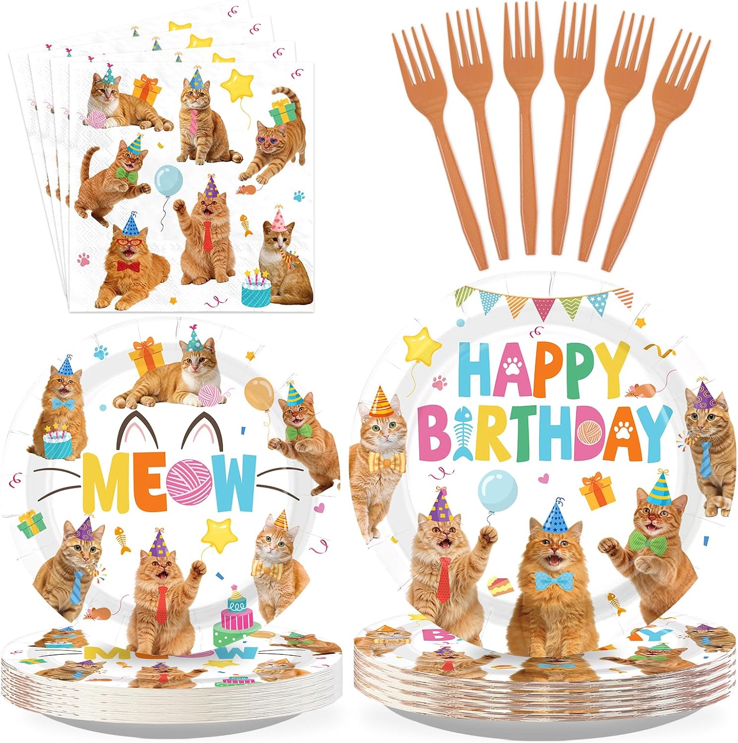 Orange Cat Birthday Plates & Napkins - 96 Pcs - view 1
