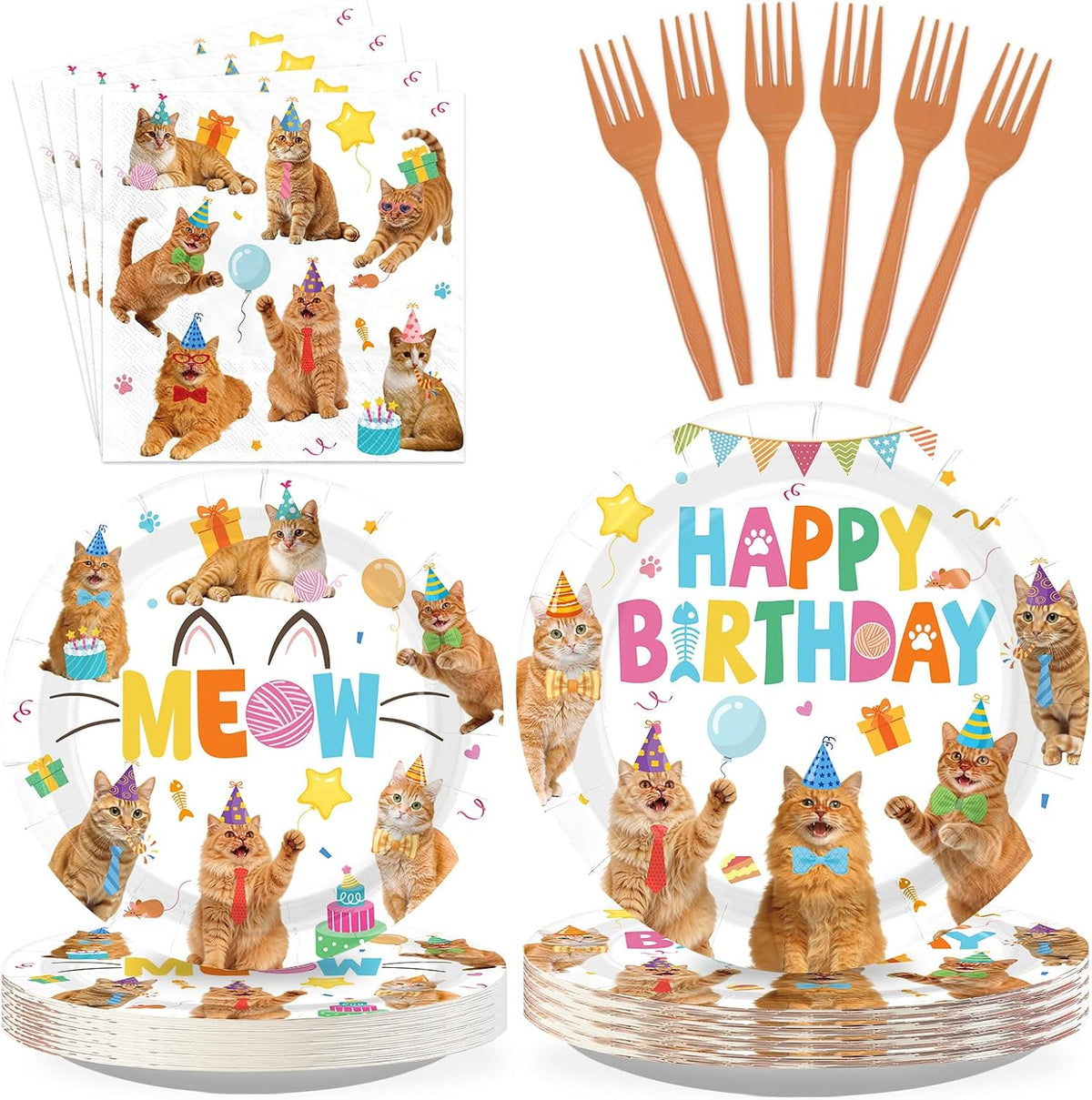 Orange Cat Birthday Plates & Napkins - 96 Pcs - view 1