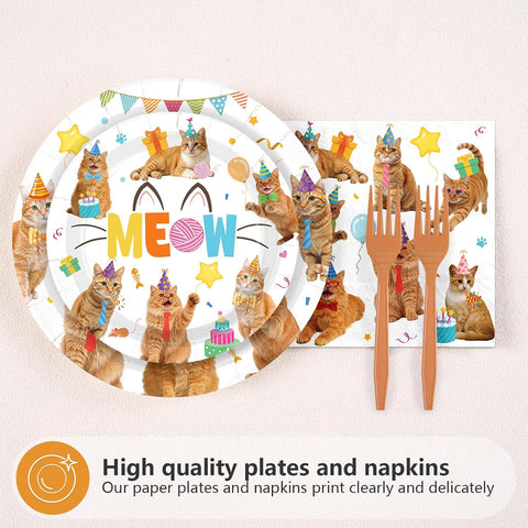Orange Cat Birthday Plates & Napkins - 96 Pcs - view 2