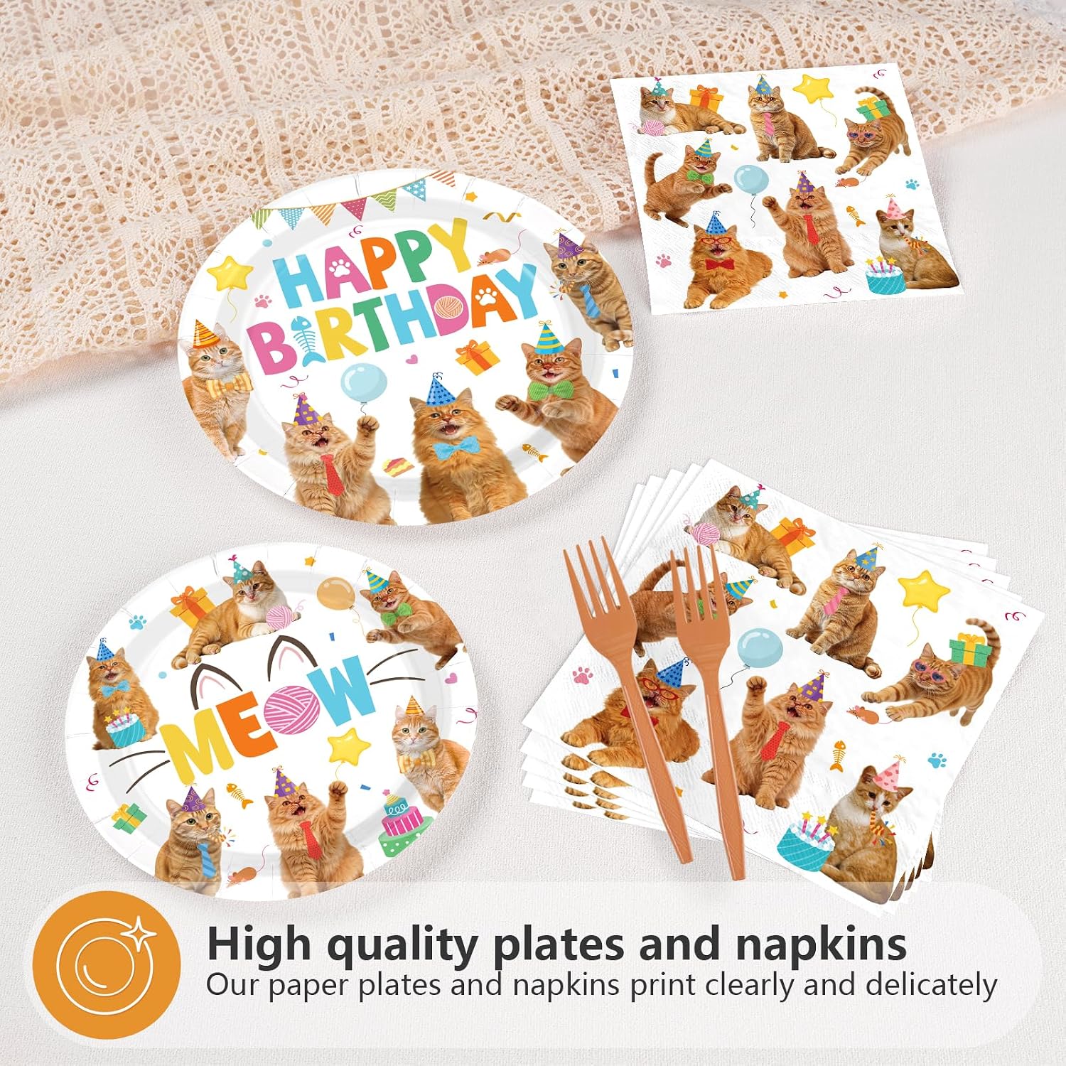 Orange Cat Birthday Plates & Napkins - 96 Pcs - view 3