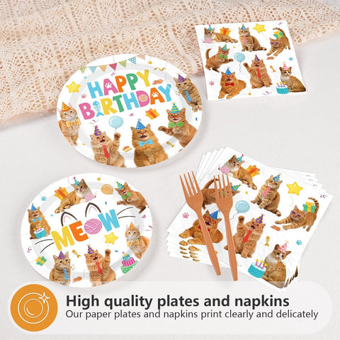 Orange Cat Birthday Plates & Napkins - 96 Pcs - view 3