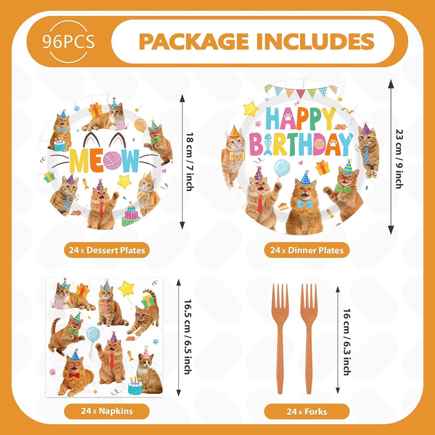 Orange Cat Birthday Plates & Napkins - 96 Pcs - view 5