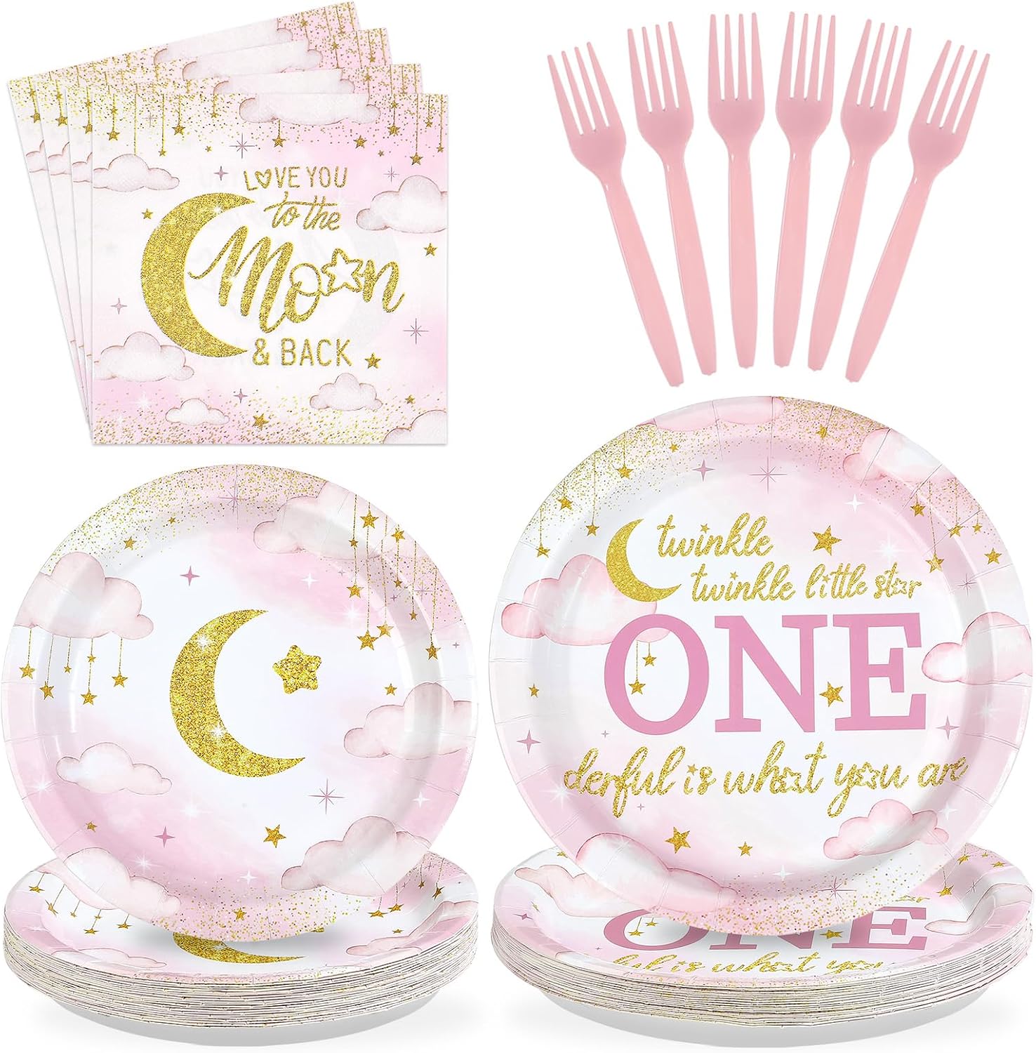 Over The Moon 1st Birthday Plates & Napkins Set - 96 Pcs image 1